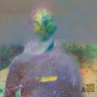 a painting of a person in space with a colorful background