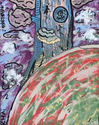 a painting of a tree in the sky